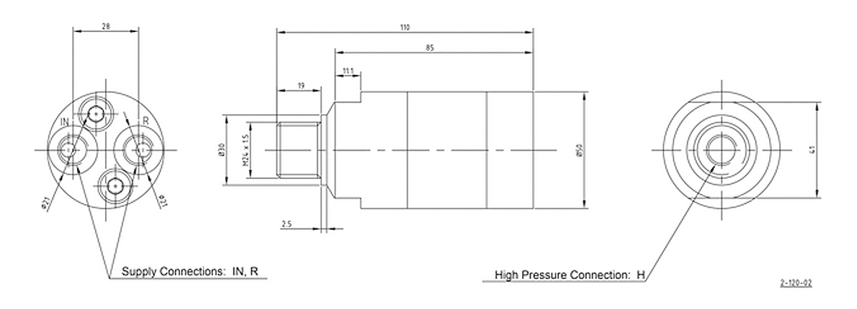 Габаритная схема мультипликатора давления miniBOOSTER, модель HC2