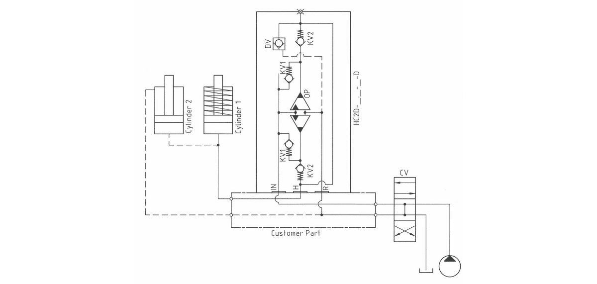 Гидравлическая схема мультипликатора давления miniBOOSTER, модель HC2D-D