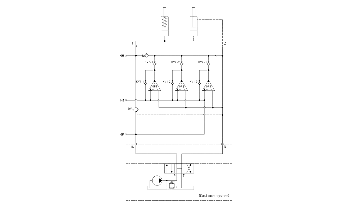 Гидравлическая схема мультипликатора давления miniBOOSTER, модель HC63