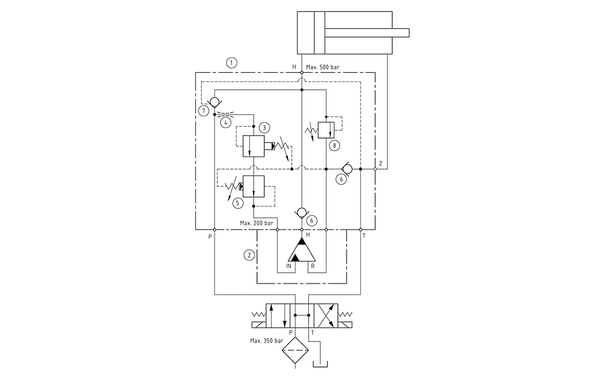 Гидравлическая схема мультипликатора давления miniBOOSTER, модель M-HC6D