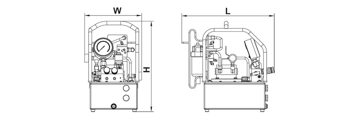 Габаритная схема маслостанции с пневмоприводом для гидравлического гайковёрта