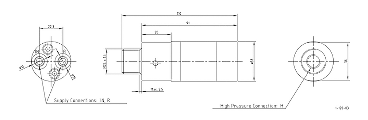 Габаритная схема мультипликатора давления miniBOOSTER, модель HC1