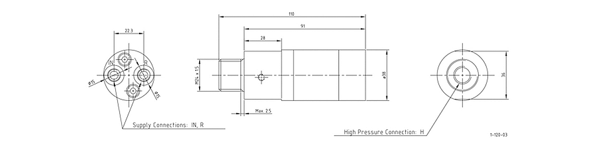 Габаритная схема мультипликатора давления miniBOOSTER, модель HC1W