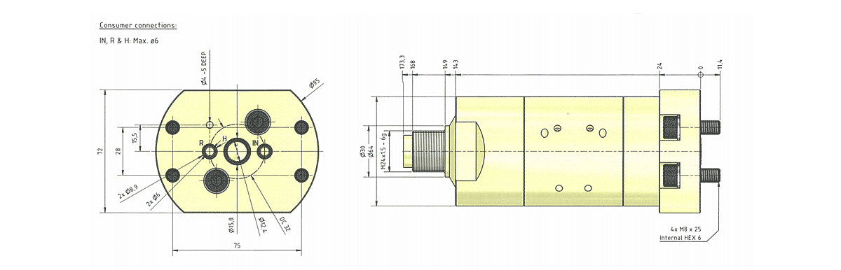Габаритная схема мультипликатора давления miniBOOSTER, модель HC2D-D