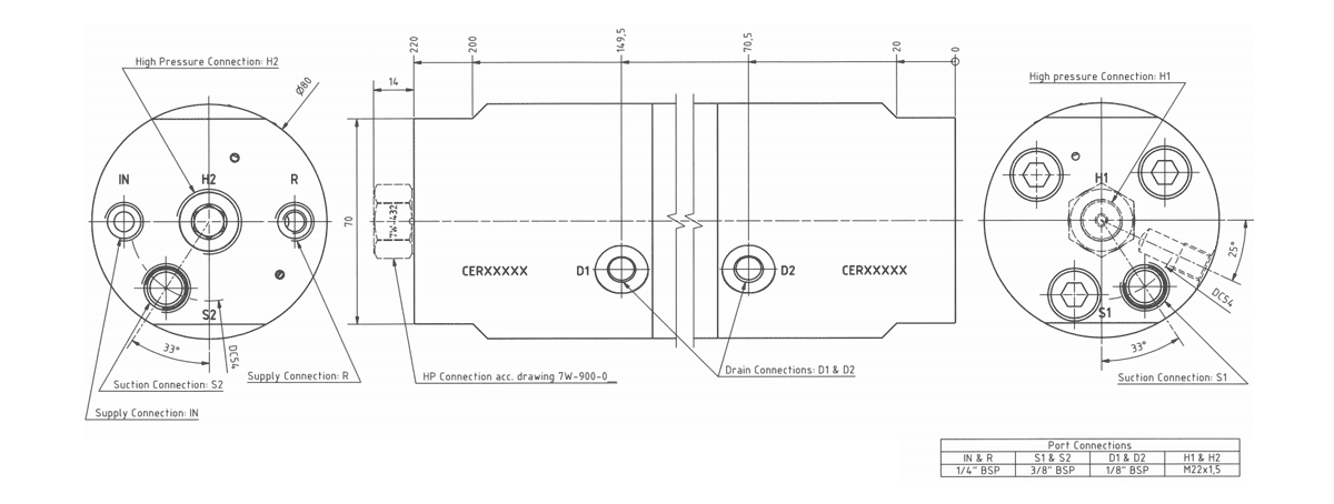 Габаритная схема мультипликатора давления miniBOOSTER, модель HC2D2W