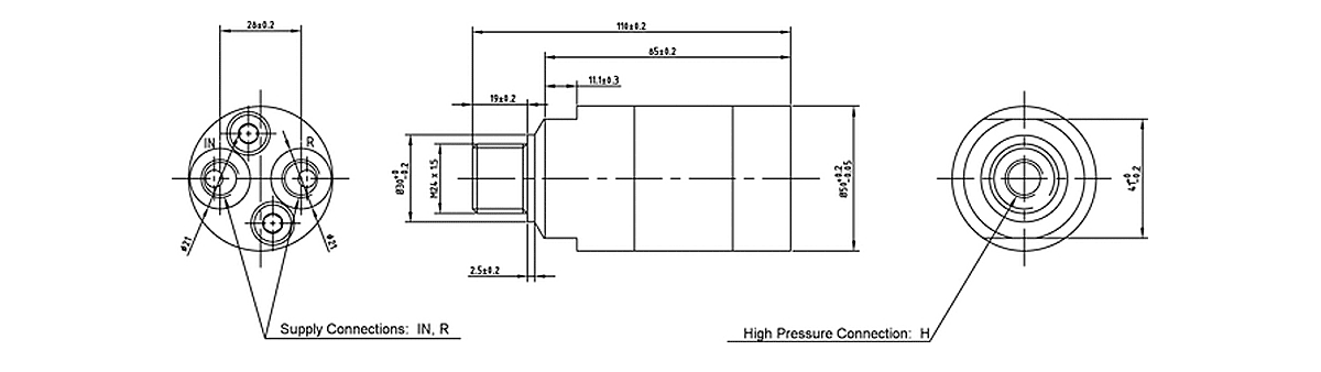Габаритная схема мультипликатора давления miniBOOSTER, модель HC2W