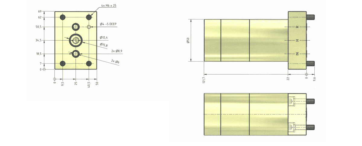 Габаритная схема мультипликатора давления miniBOOSTER, модель HC3-D