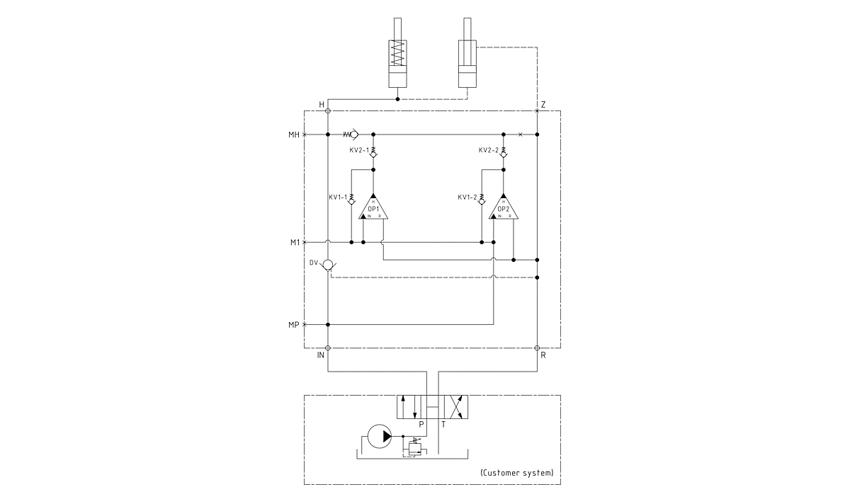 Гидравлическая схема мультипликатора давления miniBOOSTER, модель HC62