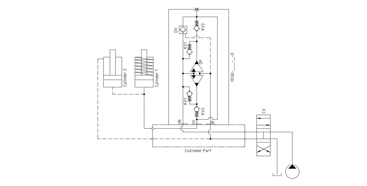 Гидравлическая схема мультипликатора давления miniBOOSTER, модель HC6D-D