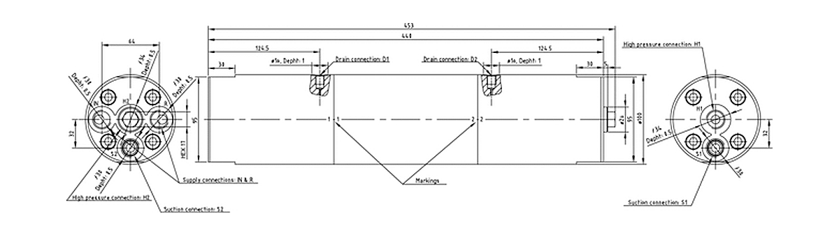 Габаритная схема мультипликатора давления miniBOOSTER, модель HC6D2W