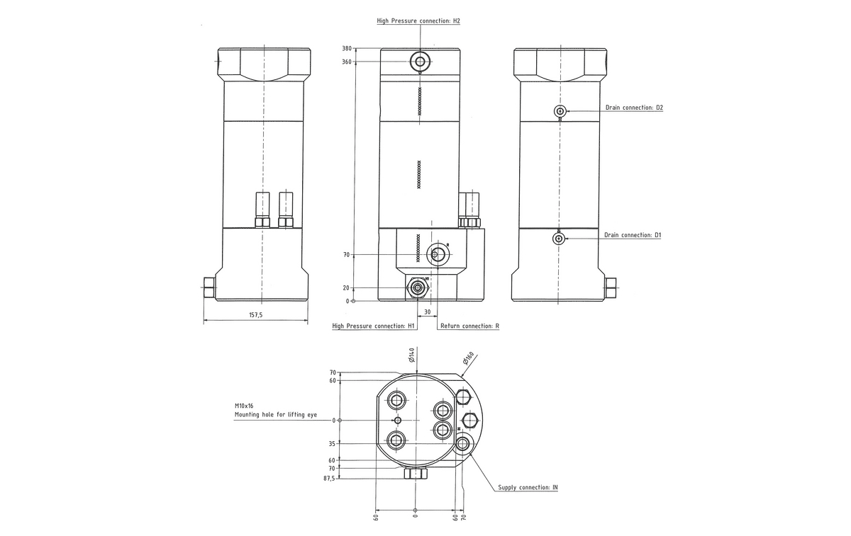 Габаритная схема мультипликатора давления miniBOOSTER, модель HC6DW