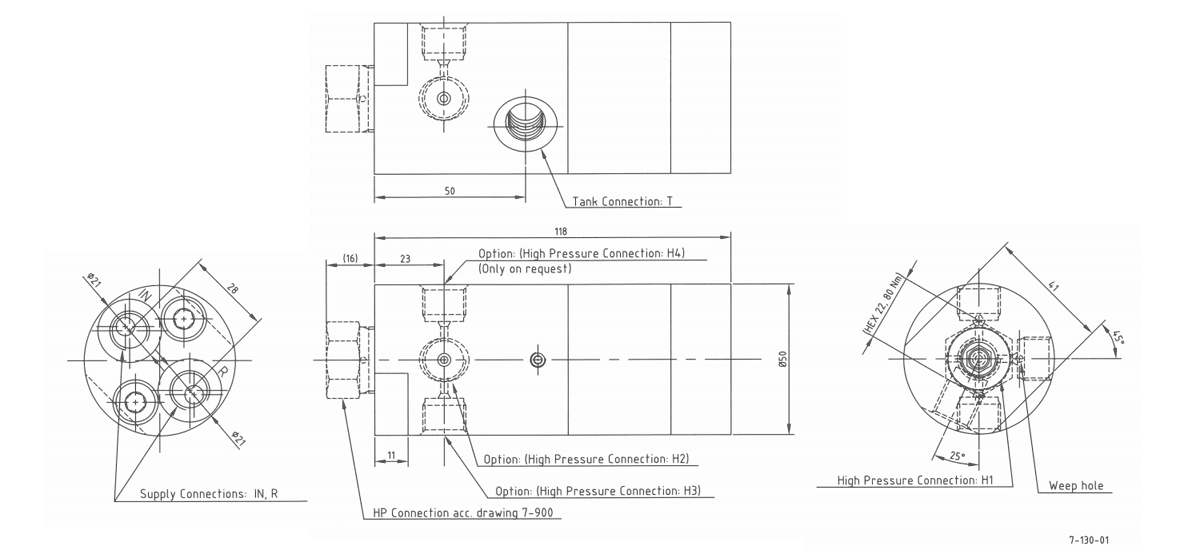 Габаритная схема мультипликатора давления miniBOOSTER, модель HC7-U