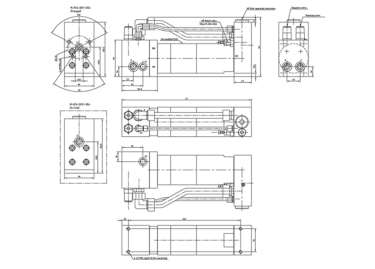 Габаритная схема мультипликатора давления miniBOOSTER, модель M-HC6