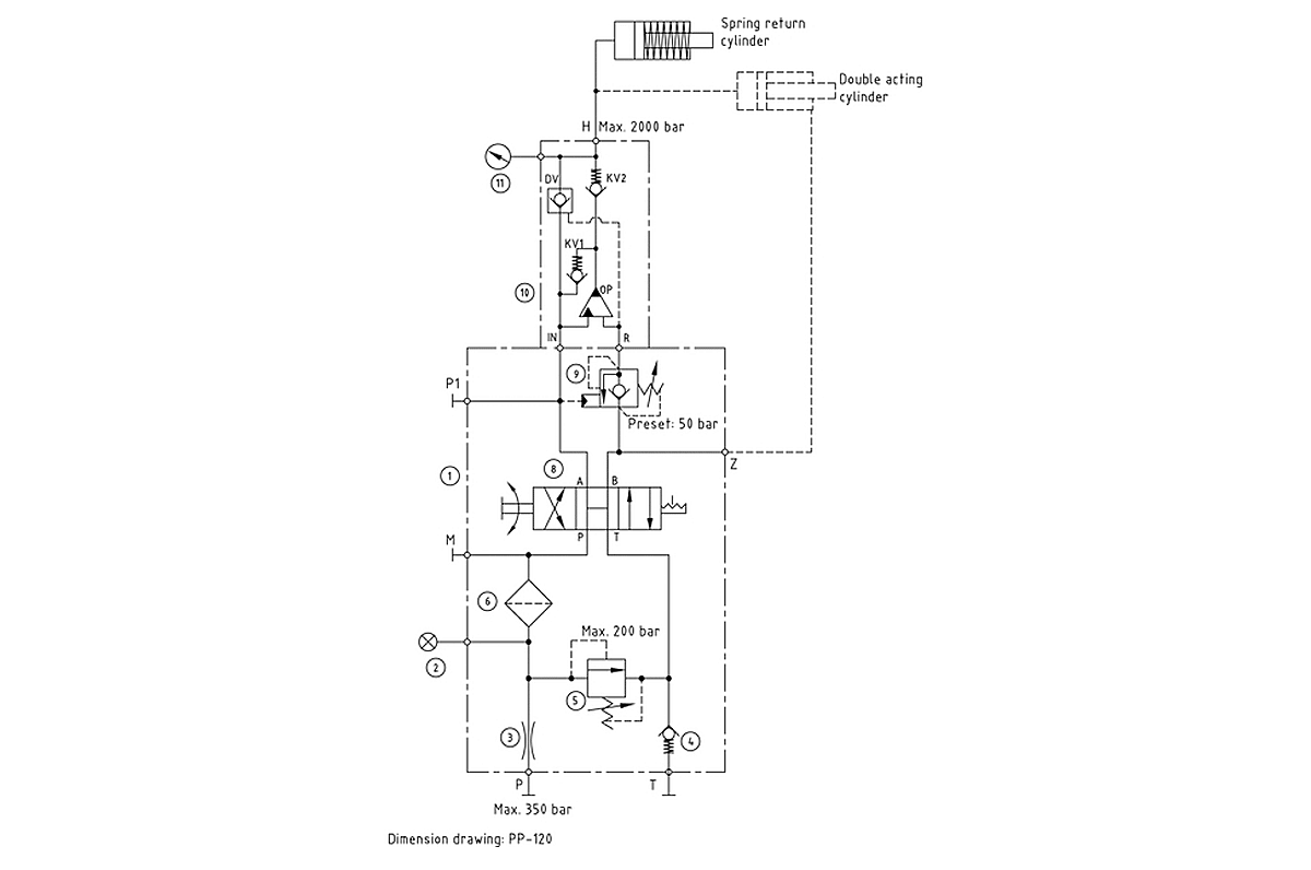 Гидравлическая схема мультипликатора давления miniBOOSTER, модель M-HC7-800